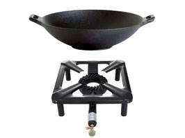 Hockerkocher-Set mit Gusseisen-Wok Ø 37 cm