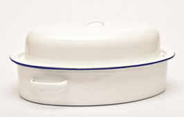 Grote witte emaille pan met blauwe bies