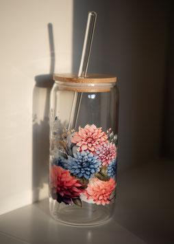Klar | Motivglas mit Bambusdeckel und Strohhalm | große Blüten