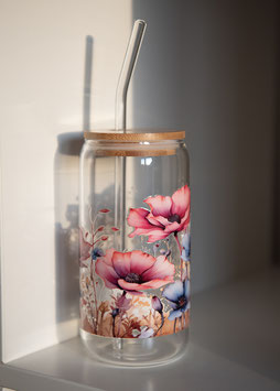 Motivglas mit Bambusdeckel und Strohhalm | Mohn_B_Ware