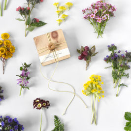 "kleine Blumen-presse" Zirbe mit creme Band