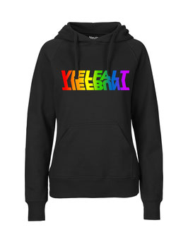 Taillierter «Vielfalt/Tiefbunt» Symbiose-Hoodie Regenbogen - "Vorne Druff"