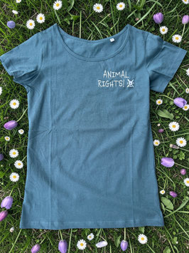 T-Shirt, ANIMAL RIGHTS + Logo, gestickt, petrol