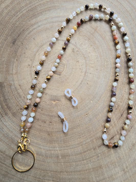 Brillenkette Jade Gold, Mondstein, Tigerauge, Jade Weiss/925 Silber vergoldet