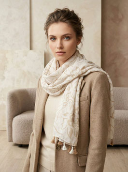 Schal mit floralem Muster & Quasten, beige