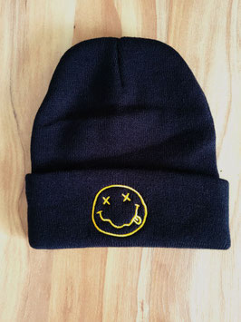 schwarz blaue Mütze mit gelben Smiley