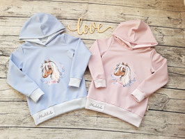 Kapuzenpullover Pferdeliebe hellrose oder hellblauviolett Größe 122