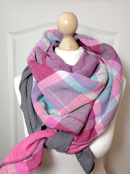 XXL-Musselin-Tuch FRIDA (pflaume, karo-Print rosa Mix, anthra) BIO