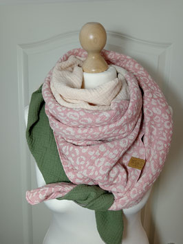 XXL-Musselin-Tuch FRIDA (khaki, leo-print rosa, creme) BIO