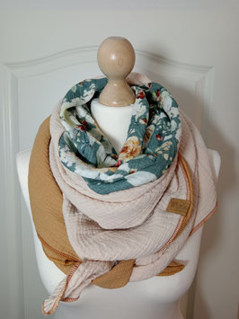 XXL-Musselin-Tuch FRIDA (creme, Blumen-Print petrol Mix, ocker) BIO