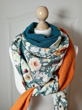 XXL-Musselin-Tuch FRIDA (petrol, petrol mit Blumen, orange) BIO
