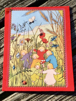 BABYKARTE mit Plastikfolie und auf Filz genäht - Die Wurzelkinder "im Blumenfeld"