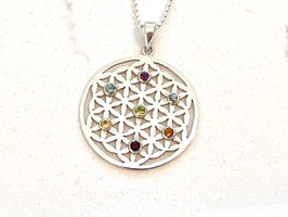 Kette mit Blume des Lebens und 7 Chakra Edelsteinen Silber