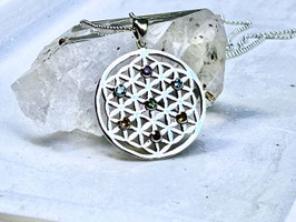 Blume des Lebens Kette mit 7 Chakra Edelsteinen Silber