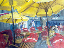 Ortsansicht Collioure Südfrankreich Straßencafè, Aquarell gemalt von Jopie Bopp