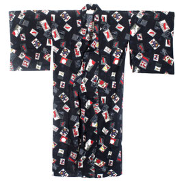 Yukata motif Hanafuda sur fond bleu marine foncé