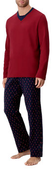 -50% Pigiama Lungo Scollo V in Caldo Cotone Stampa Portafortuna Rosso