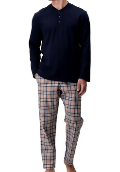 -50% Perofil Pigiama Lungo Serafino in Flanella e Interlock Blu/Camello