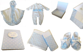 006 CORREDINO POIS BIANCO SU CELESTE /  WHITE POLKA DOTS ON LIGHT BLUE LAYETTE