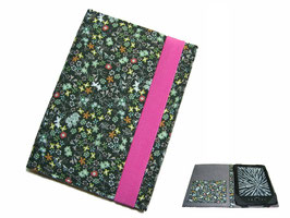 aufklappbare eReader Tablet Hülle Blumenmeer schwarz | Gummiband pink | Maßanfertigung bis max. 8,0"