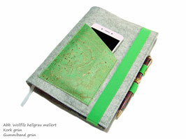 KHKK1 Kalenderhülle aus Wollfilz Kork Farbwahl mit Handyfach + Stifthalter + Kreditkartenfach für Din A5 Buchkalender, Notizbuch bis max. 21 x 15 x 2,5cm