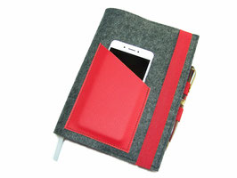 KHLK2 Kalenderhülle Wollfilz Leder mit Handyfach + Stifthalter + Kreditkartenfach für Din A5 Buchkalender, Notizbuch bis max. 21 x 15 x 2,5cm