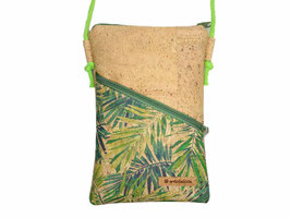 Handytasche zum Umhängen Palmblatt aus Korkstoff, Reißverschluss olivgrün, Kordel hellgrün, handgefertigt