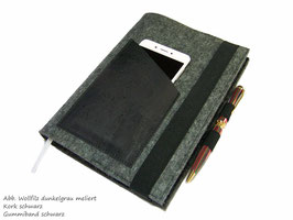 KHKK2 Kalenderhülle aus Wollfilz Kork Farbwahl mit Handyfach + Stifthalter + Kreditkartenfach für Din A5 Buchkalender, Notizbuch bis max. 21 x 15 x 2,5cm