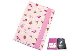 aufklappbare eBook Reader eReader Hülle Rosenvogel | Gummiband hellrosa | Maßanfertigung bis max. 8,0"