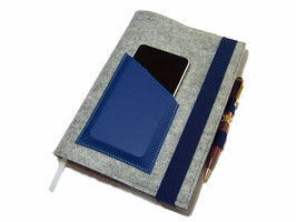KHLK1 Kalenderhülle Wollfilz Leder mit Handyfach + Stifthalter + Kreditkartenfach für Din A5 Buchkalender, Notizbuch bis max. 21 x 15 x 2,5cm