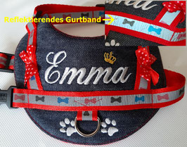 Hundegeschirr mit Namen beschriftet, Jeans rot mit reflektierendem Gurtband