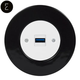 Prise USB Chargeur Rétro en Porcelaine Noire, enjoliveur blanc