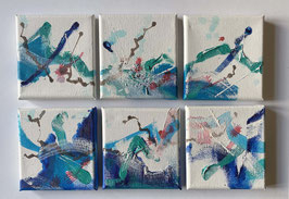 Corine Sylvia Congiu-2023, "Polyptyque Nanos 2023", 6 toiles de 10cm x 10 cm, acryliques sur toiles