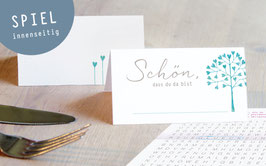 Tischkarten HERZBAUM türkis + SPIEL innenseitig für Hochzeiten oder andere Feste