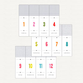 24 Aufkleber Adventskalenderzahlen lang BUNTE Zahlen weiss, lang (ohne Tüten)