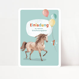 Einladungskarten EINSCHULUNG mit PFERD, hochkant A4