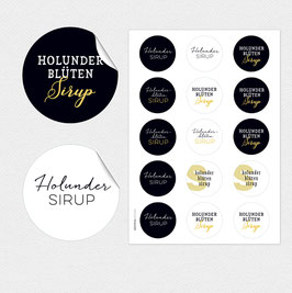 15 Etiketten HOLUNDER-Blüten POTPOURRI Sirup/Gelee auf weiss/schwarz, 50 mm rund