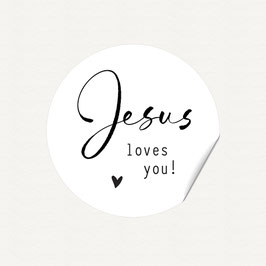 Aufkleber JESUS LOVES YOU - Feine Feder weiss, mit Herz, rund, 40 mm