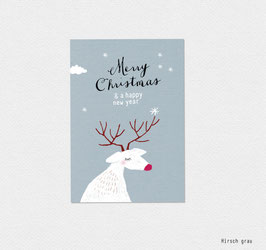 6x Weihnachtskärtchen Geschenkkärtchen "Merry Christmas" HIRSCH - blaugrau - A7 Klappkarten