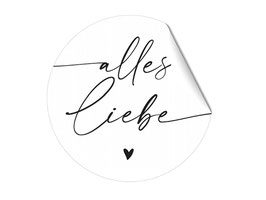 Aufkleber ALLES LIEBE - Feine Feder + Herz, weiss, schlicht, rund, 40 mm