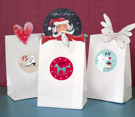 SET Adventskalender KIDS verschiedene Motive rot/blautürkis- Bodenbeutel weiss