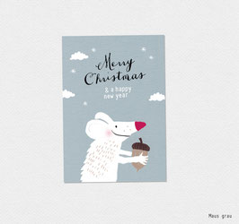 6x Weihnachtskärtchen Geschenkkärtchen "Merry Christmas" MAUS - blaugrau - A7 Klappkarten
