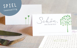 Tischkarten HERZBAUM grün + SPIEL innenseitig für Hochzeiten oder andere Feste