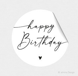 15 Aufkleber HAPPY BIRTHDAY - Feine Feder + Herz, weiss, rund, 50 mm