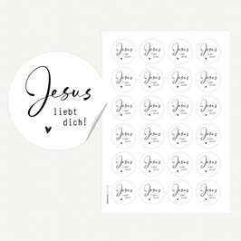Aufkleber JESUS LIEBT DICH - Feine Feder schwarz/weiss, mit Herz, rund, 40 mm