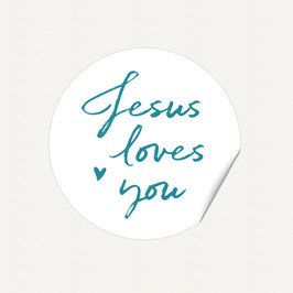 Aufkleber JESUS LOVES YOU - Tusche schwarz/weiss oder bunt, mit Herz, rund, 40 mm
