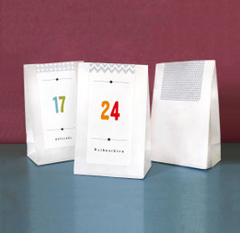 Adventskalender SET BUNTE ZAHLEN - LANGE AUFKLEBER - Bodenbeutel weiß