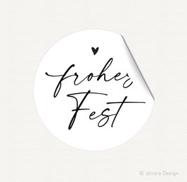 Aufkleber FROHES FEST - Feine Feder + Herz, weiss, rund, 40 mm
