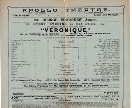 Véronique. Lottie Venne, Kitty Gordon, Valli Valli, Hayden Coffin, Aubrey Fitzgerald, Madge Vincent, Ruth Vincent. Apollo, 1904/05