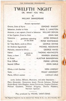 Twelfth Night. Esmond Knight, Michael Redgrave, Peggy Ashcroft, George Devine, Lucille Lisle, William Devlin. Phoenix, 1930